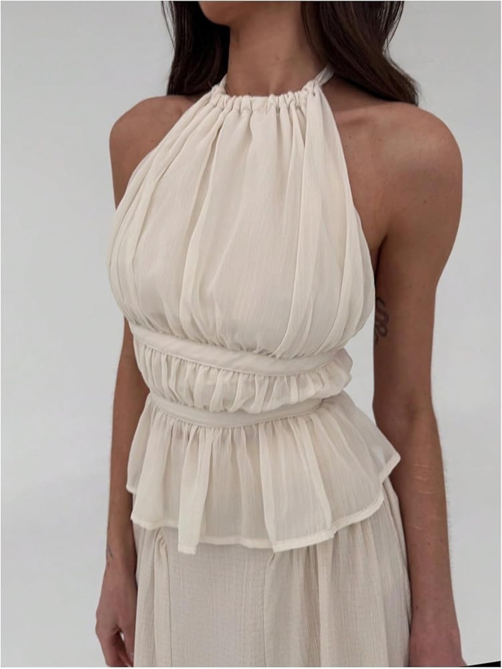Halter Neck Cream Ruffled Peplum Blouse